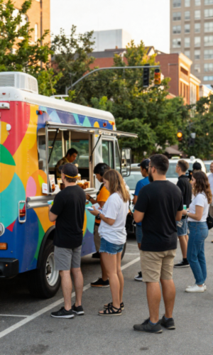 Colorful branded food truck with customers waiting in line during an experiential marketing event in downtown Atlanta, showcasing mobile marketing and food truck branding.